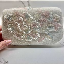 Clutch / Crossbody Iridescent Pastel Pink, Blue & White Beaded Purse 