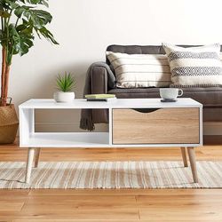 Castle Modern Coffee Table, Wooden Console Table 2 Tier with Open Storage Shelf and 1 Drawer