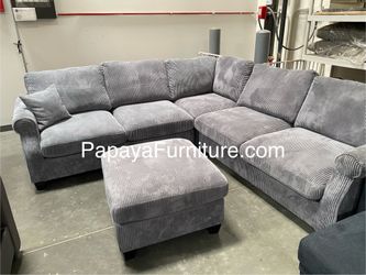 New! Dark Grey Sectional Sofa And Ottoman, Sectionals, Sofa, Couch, Plush Sectional, High Back Couch, Sofas, Grey Sectional, Grey Sofa, Grey Couch Dim