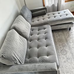 Tufted Grey Velvet L-Shape Couch Sofa