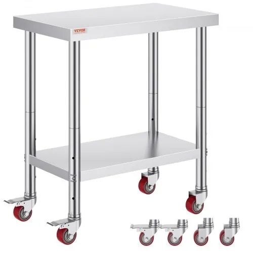 Stainless Steel Work Table 30 x 18 x 34 Inch, 700 LBS Load Capacity with 4 Wheels, 3 Adjustable Height Levels, Heavy Duty Food Prep Worktable for Comm