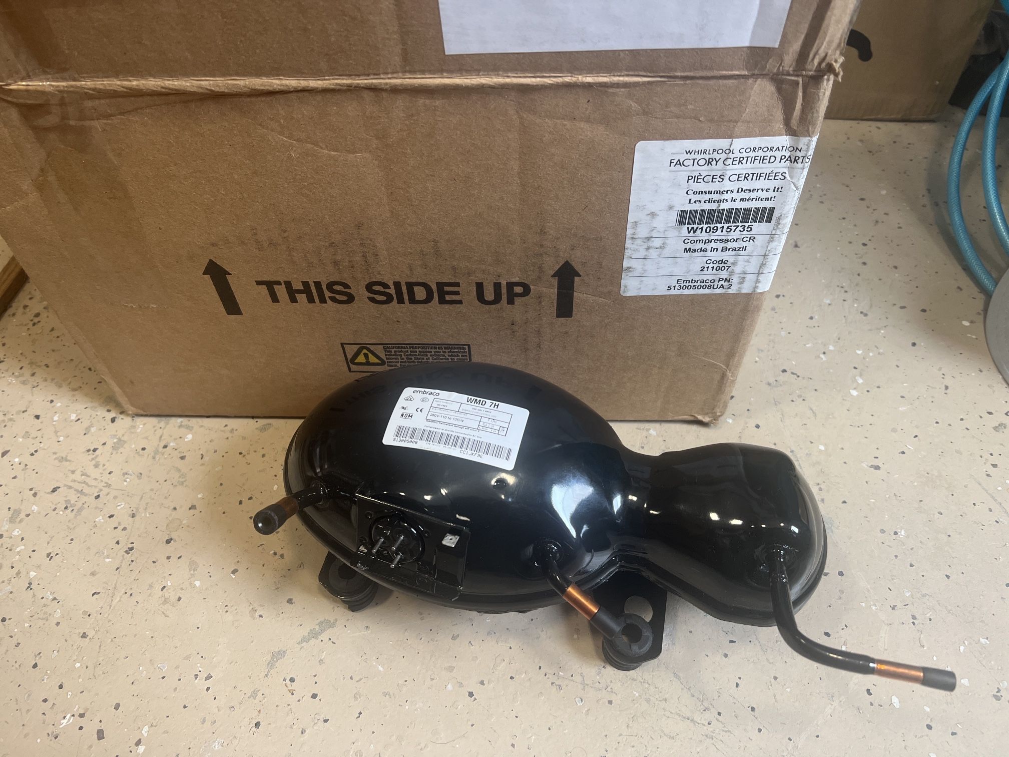 Kitchen Aid Whirlpool Refrigerator Compressor - WMD 7H W10915735