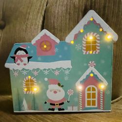 Christmas Light-Up House-Shaped Decor With Santa & Penguin Design 11”W X 9.5”H