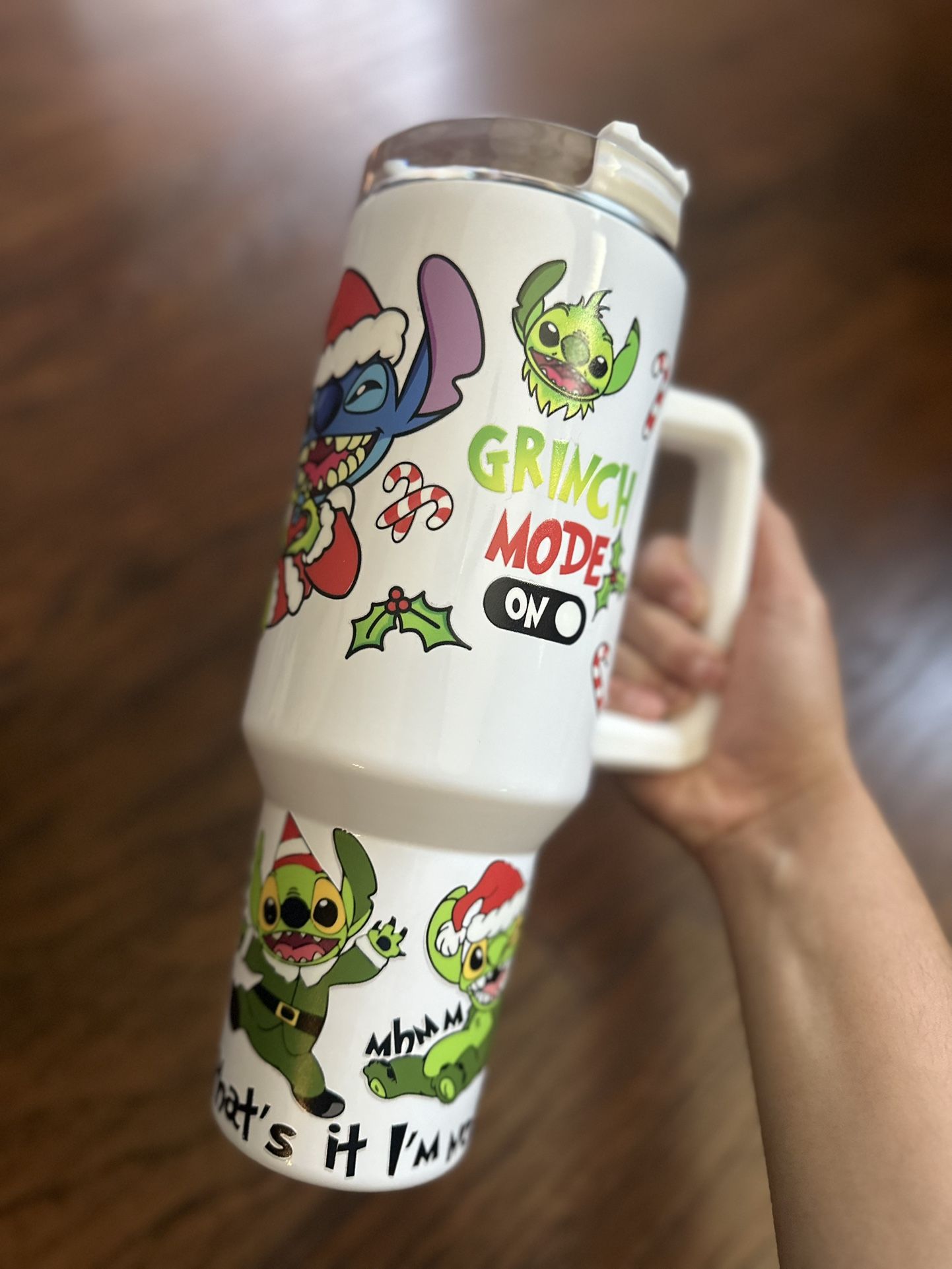 Custom 40oz Christmas Stitch Grinch Mode On Stanley Dupe White Tumbler