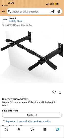 Yes4All Wall Mount Chin Up Bar - Black - NEW
