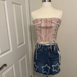 Pink/Nude Corset/ Denim Skirt 