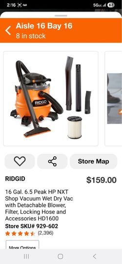16 Gal. 6.5 Peak HP NXT Shop Vacuum Wet Dry Vac with Detachable Blower, Filter, Locking Hose and Acc