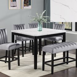 6pc dining set gray faux marbl table 48x48, black frame, 4 velvet upholstered chairs and 1 bench