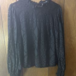 Black Lace Blouse With Ruffle Collar 