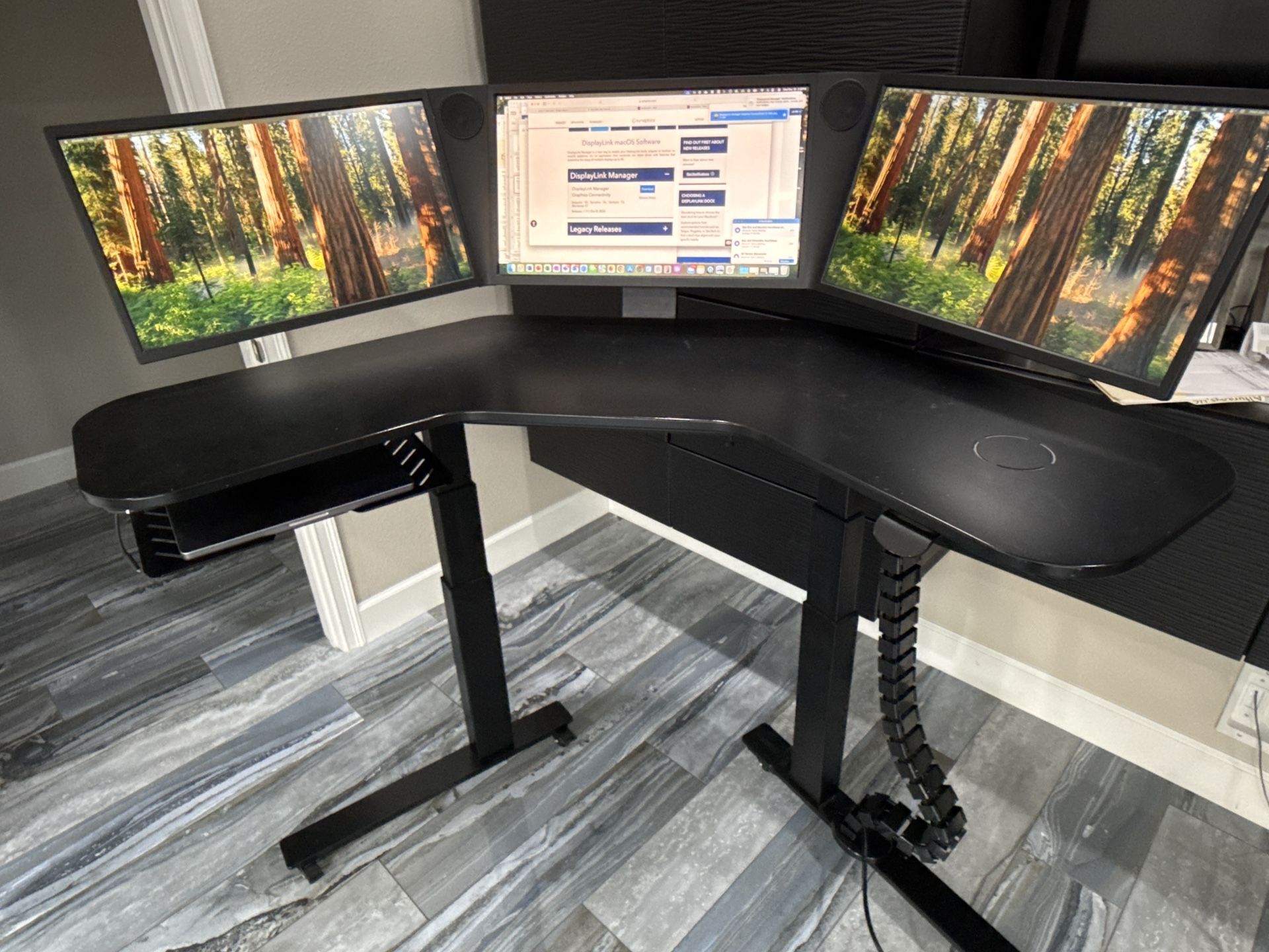 L-Shaped Standing Desk with Built-In Triple Monitor Setup & Universal Dock