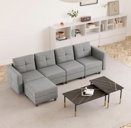 5 Pieces Modular Sectional Sofa Couch with Storage, Linen L-Shaped 4-seat Large Sectional Couch