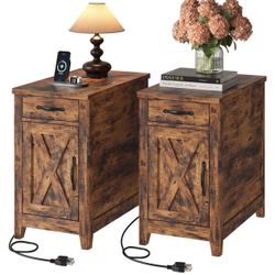 Brand New In The Box- IRONCK End Table with Charging Station, Narrow Side Table for Living Room, Night Stand Set of 2 with Drawer and Cup Holder, Farm