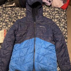 Eddie Bauer Youth Reversible Jacket Fleece Size Medium 10/12 Saxony Blue Hood