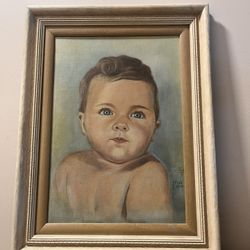 Framed original painting of a child 1945 signed by Felix T Lima 19 5/8 x 15 in