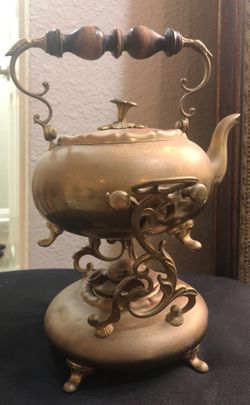 ANTIQUE VINTAGE TEAPOT BRASS KETTLE WITH BURNER BELOW