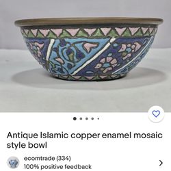Antique Islamic copper enamel mosaic style bowl 