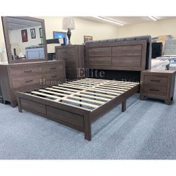Queen Gray Bedroom Set (Bed Frame, Dresser, Mirror, And One Nightstand)