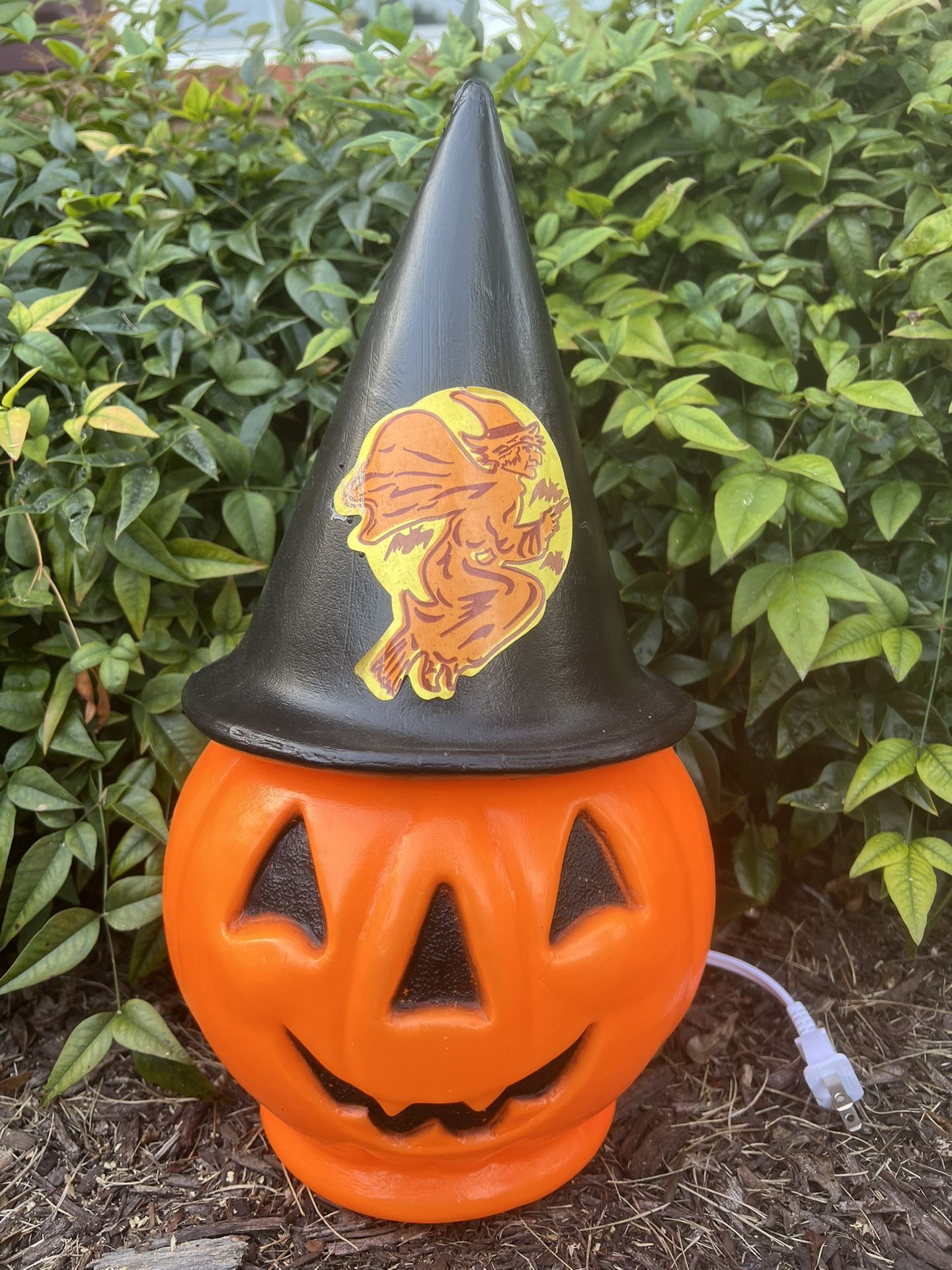 15” Pumpkin w/Witch Hat & Sticker Blow Mold-Vintage Halloween