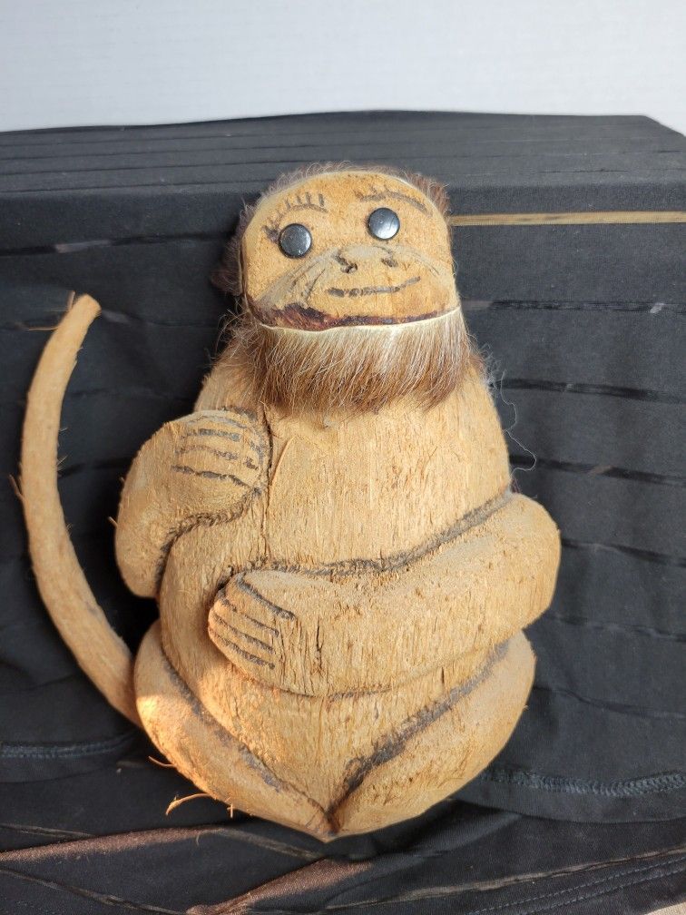Vintage Hand Carved Coconut Monkey With Long Tail