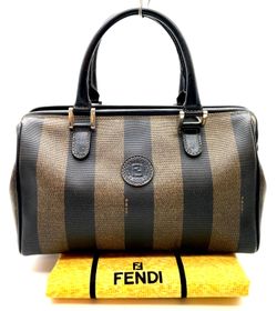 Authentic FENDI Pequin Stripe PVC Leather Khaki Handbag/Boston Bag W/D NS040322