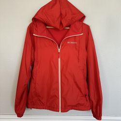 Women’s Columbia Crimson Red Zip-up Windbreaker Hooded Cozy Fleece Lining Jacket