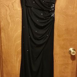 Elegant Navy Blue Jeweled Gown With Side Slit