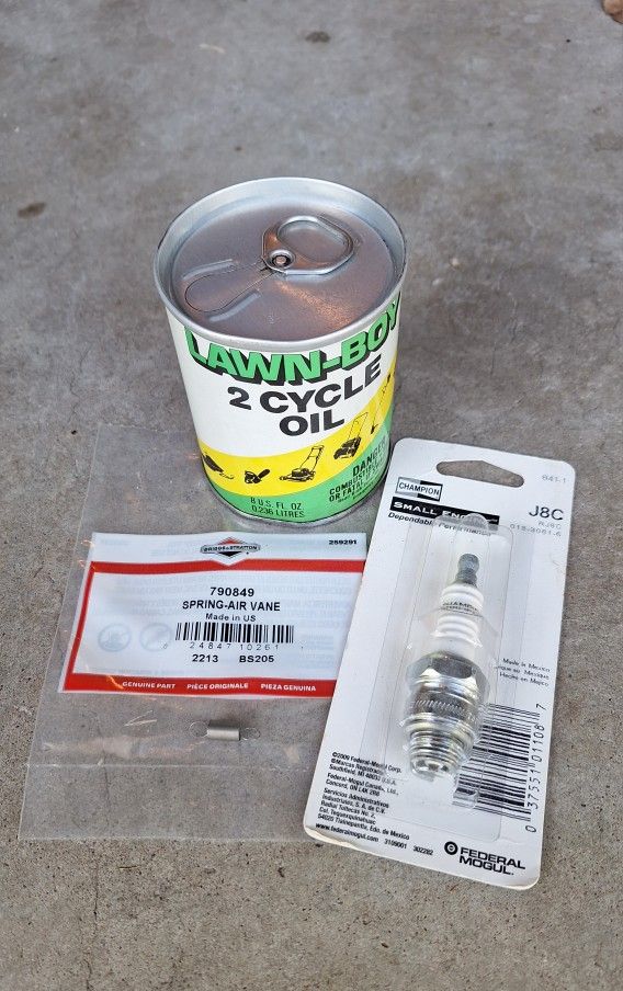 NEW Lawn Mower Air Vane Spring, J8C Spark Plug, & Lawnboy 2-Cycle  Oil