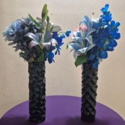 ** NEW LOW PRICE ** Blue Ceramic Vases w Faux Bouquets of Lilies, Orchids & Anemones @ Lasting Creations
