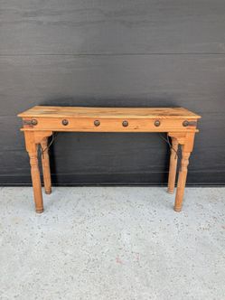 Rustic Wood Console Table w Turned Legs and Metal Accents
