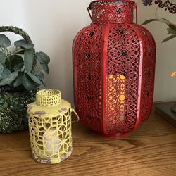 Lantern Red 13.5” & Yellow 6” Metal Hanging Candlestick Lanterns (Set of 2)