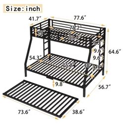 BELLEMAVE 3-in-1 Twin over Full (+ over twin trundle) black metal bunk bed, twin mattress and full mattress added if desired