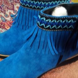 Boots Ankle Blue With Fringe Women's 7