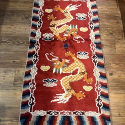 Beautiful Antique Tibetan Handwoven Dragon Rug
