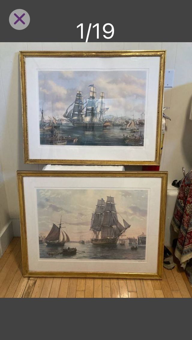 Pair of Signed Vintage Roy Cross Naval Prints - USS Constitution & USS Constel
