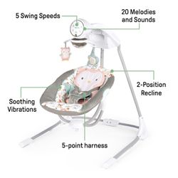 Ingenuity InLighten 5-Speed Baby Swing, Swivel Infant Seat, Nature Sounds, Lights - Pink, Nally