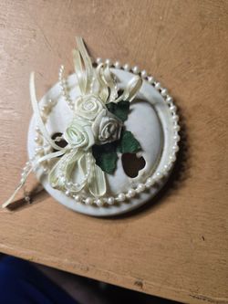 vintage porcelain bisque trinket box lid decorated with fabric roses and faux pearl trim