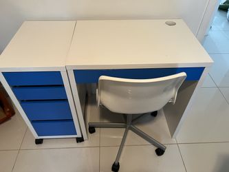 Kids Study Desk with Rolling 4-Drawer Storage Cabinet – White & Blue – Excellent Condition