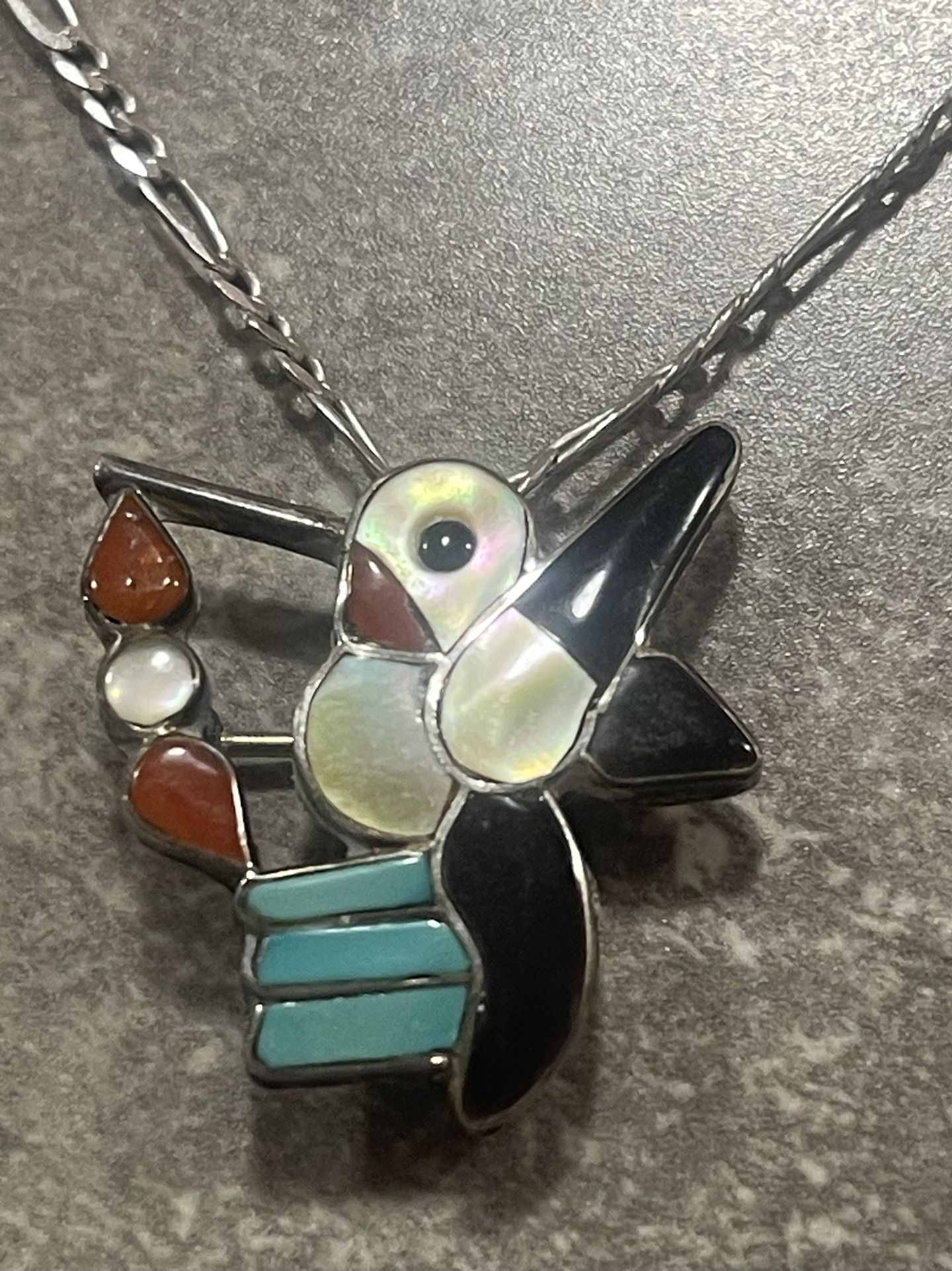 Vintage Zuni Hummingbird Turquoise Coral Shell Brooch Pin Pendant 18” sterling