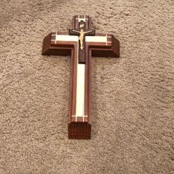 Vintage Sick Call Crucifix Set Walnut Wood Mother Of Pearl  