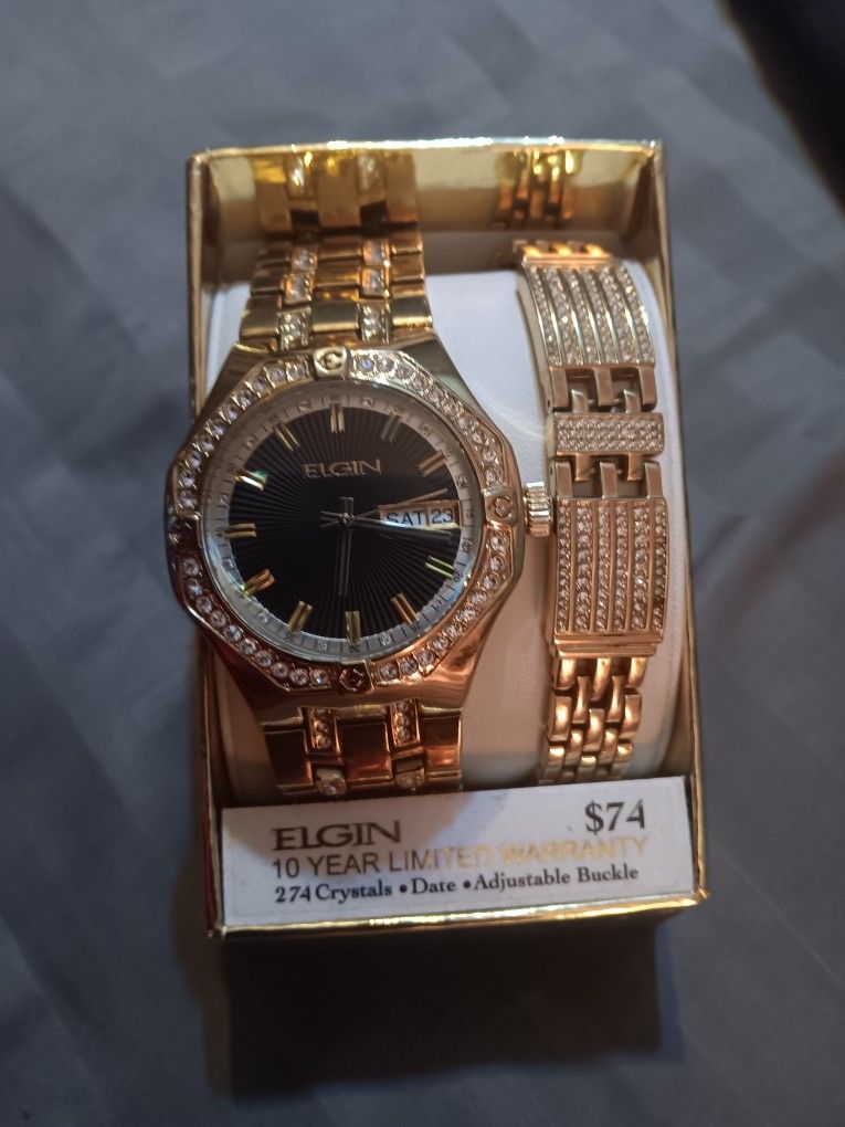 Elgin 274 Crystal Adult Men Gold Watch w/ Bracelet