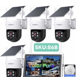 Solar Cameras Wireless Outdoor with 10'' Monitor, 4pcs 2K 3MP Solar Powered Home Security Cameras, Full Color Night Vision, 360° Pan Tilt, Human Detec
