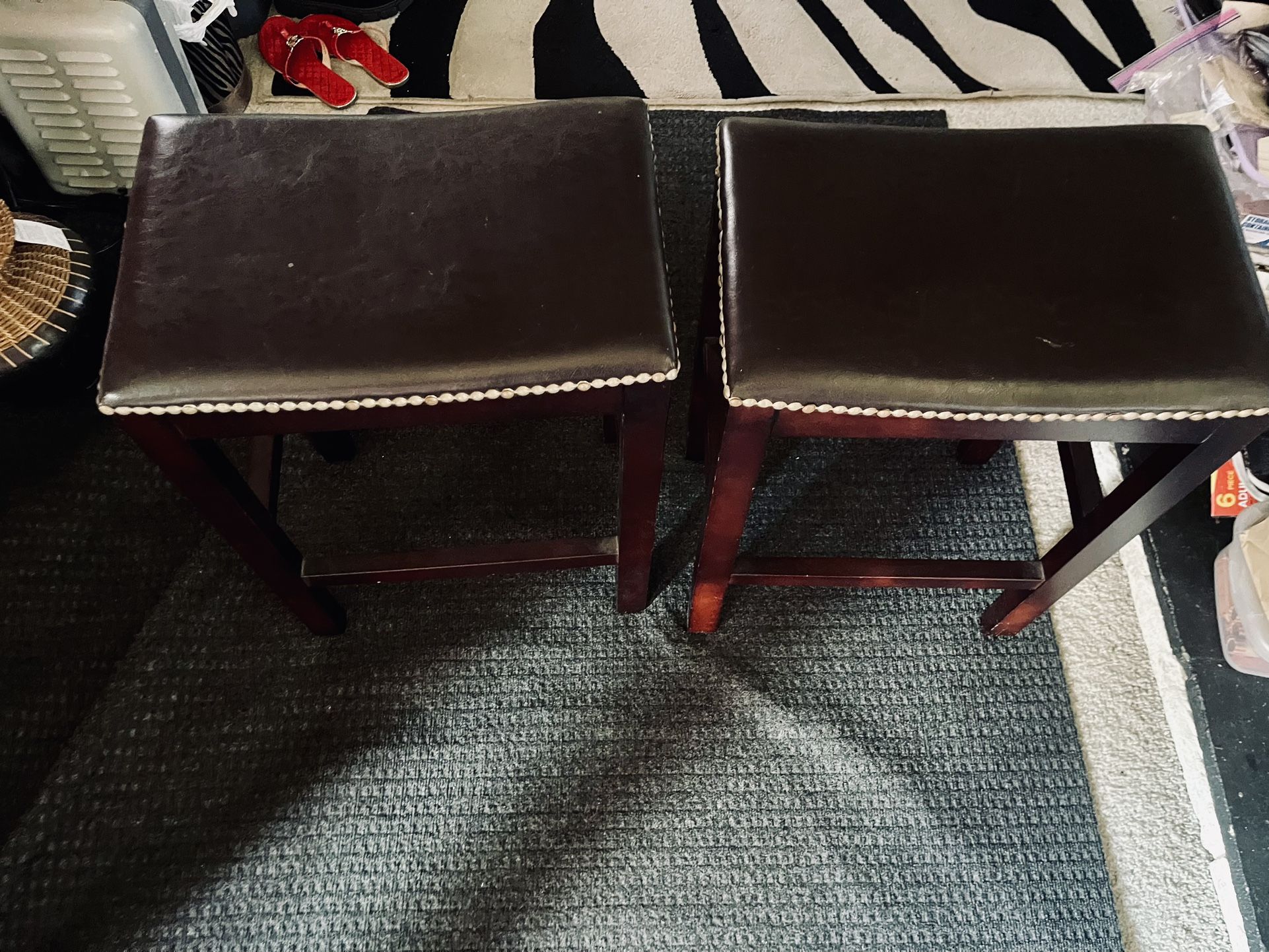 2 Beautiful Leather + Wooden Brown Stools