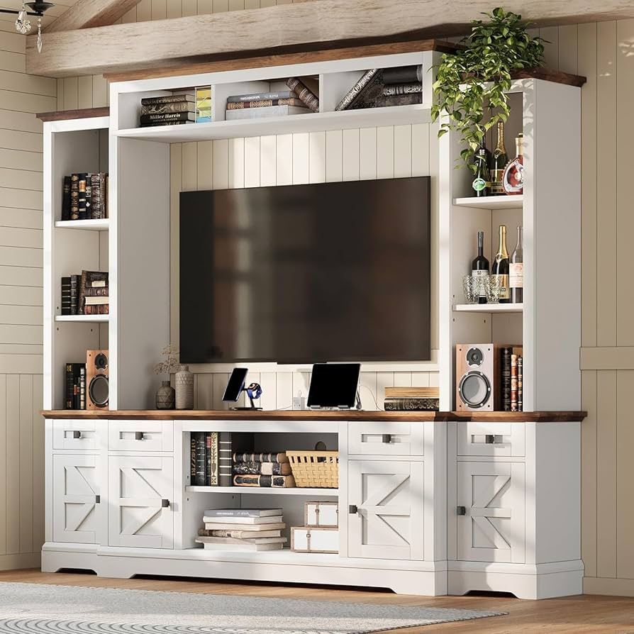 AMERLIFE 98" Farmhouse Entertainment Center Wall Unit with Bookshelves, Wine Cabinet, Fits 75" TVs, Large TV Stand with Power Outlets & Barn Door, Rus