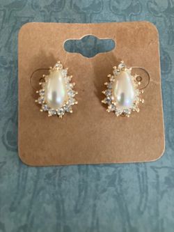 Faux Pearl & Clear Rhinestones Gold Tone Pierced Earrings
