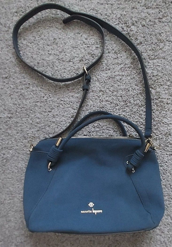 Nanette Lepore Dusty Blue Faux Suede Crossbody Handbag Purse Satchel