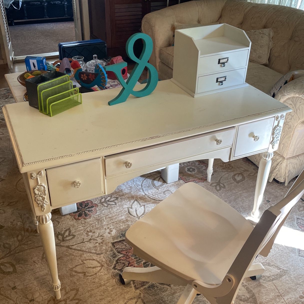 Solid White Wooden Desk & Chair