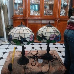 2 Vintage Tiffany Style Lamp Stained Glass Flower Hummingbird  Table Lamps 