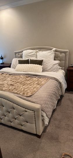 California King Upholstered Tufted Sleigh Bed with Nailhead Trim
