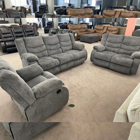 GRAY RECLINING LIVING ROOM Sofa & Loveseat & Rocker Recliner