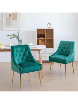 Dining Chair Set of 2, Upholstered Velvet with Back Pull Rod. Green